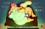 bodily_fluids broken_furniture bulge clothing dialogue drooling male neck_tuft obese obese_male overweight overweight_male pear-shaped_figure saliva solo speedo swimwear tail_wiggle text thick_thighs tuft underwear vr_controller vr_headset wide_hips jackiepancoon ailurid mammal red_panda english_text hi_res