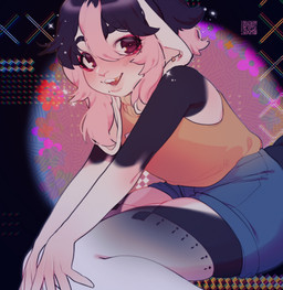 abstract_background anthro black_body black_hair clothed clothing ear_piercing ear_stud female female_anthro hair inner_ear_fluff open_mouth open_smile piercing pink_hair pink_inner_ear_fluff qr_code red_eyes sitting smile solo text tongue tongue_piercing tongue_stud tuft white_body sonyan lagomorph leporid mammal rabbit artist_name hi_res