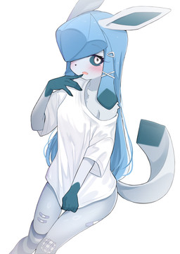 accessory anthro band-aid bandage blue_hair blue_sclera blush breasts clothing clothing_pull cute_fangs fangs female female_anthro footwear fur fur_tuft hair hair_accessory hand_on_own_mouth legwear long_hair looking_at_viewer medium_breasts one_eye_visible open_mouth pattern_clothing pattern_footwear pattern_legwear pattern_socks shirt shirt_pull simple_background socks striped_clothing striped_footwear striped_socks stripes tail teeth topwear topwear_pull tuft white_clothing white_eyes white_shirt white_topwear samhae nintendo pokemon eeveelution generation_4_pokemon glaceon pokemon_(species) absurd_res hi_res