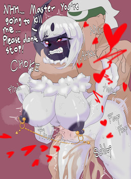 abdominal_bulge anthro anthrofied asphyxiation big_breasts black_body black_nipples black_skin breasts chokehold choking clenched_teeth cum_overflow duo female from_behind_position hair heart_eyes heart_symbol linked_piercing male male/female multicolored_body multicolored_skin neck_tuft nipple_piercing nipple_ring nipples piercing red_eyes ring_piercing rough_sex sex teeth text tuft two_tone_body two_tone_skin white_body white_hair white_skin bymetalala nintendo pokemon brendan_(pokemon) absol generation_3_pokemon human mammal pokemon_(species) absurd_res english_text hi_res