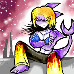anthro barefoot black_bottomwear black_clothing black_pants blonde_hair bottomwear clothing crossed_arms feet grin hair male moon outline pants purple_body purple_skin red_eyes sitting smile solo gunner_double_one shauro_the_shark aquatic fish shark 1:1 digital_media_(artwork) low_res oekaki source_request