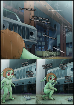 ambiguous_gender black_border border breasts car casual_nudity detailed_background dialogue female female_humanoid feral genitals green_body green_skin inner_monologue medium_breasts nipples nude nude_female nude_humanoid nudist open_mouth outside pointy_ears post-apocalyptic pubes raining red_eyes shortstack shortstack_female solo text thinking vehicle vulva greenbuncafe sodacan_(greenbuncafe) goblin humanoid mammal mouse murid murine rodent 2025 absurd_res colored comic digital_drawing_(artwork) digital_media_(artwork) english_text hi_res shaded signature