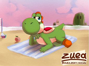 beach belly blue_eyes detailed_background feral green_body looking_at_viewer lying male on_front solo white_belly white_stomach zuea mario_bros nintendo yoshi_(character) green_yoshi humanoid yoshi 4:3 absurd_res clip_studio_paint_(artwork) digital_drawing_(artwork) digital_media_(artwork) hi_res
