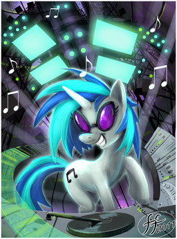 amazing_background blue_hair cutie_mark detailed_background disc_jockey dj_booth eyewear female feral grin hair hologram horn lights multicolored_hair music musical_note musical_symbol record_player smile solo stage sunglasses symbol tail toony two_tone_hair fernando_faria friendship_is_magic hasbro my_little_pony mythology vinyl_scratch_(mlp) equid equine mammal mythological_creature mythological_equine unicorn detailed
