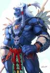 abs anthro armband armor belt biceps biped blue_body blue_fur bottomwear braided_hair claws clothing ear_piercing fur hair hand_on_hip horn loincloth male muscular muscular_anthro muscular_male pecs piercing pose quads shirtless_anthro shirtless_male solo standing thick_thighs top_knot white_hair null-ghost final_fantasy final_fantasy_x square_enix kimahri felid mammal ronso 2014 hi_res