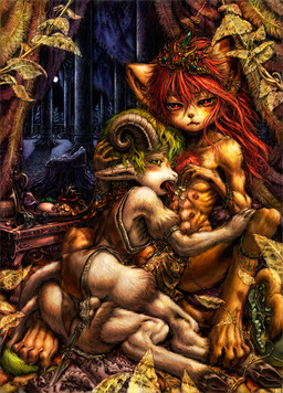 4_toes anklet anthro armband athletic backsack balls black_nose blush bodily_fluids bracelet butt chest_tuft clothed clothing container crown crystal cup dagger dead_tree detailed_background dominant dominant_male duo fangs fantasy feet food fruit full_moon fur furniture gem genitals goblet grape green_eyes hair hand_on_head headgear hooves horn humanoid_pointy_ears inside jewelry leaf licking liquid long_hair looking_at_viewer lying male male/male melee_weapon moon multi_nipple night nipples nude orange_body orange_fur piercing pillar plant pointy_ears red_eyes saliva scenery short_hair sitting spread_legs spreading table tail tail_tuft teeth tiara toes tongue tongue_out tree tuft weapon white_body white_fur young young_anthro katzeh bovid caprine felid goat mammal satyr detailed