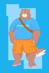 anthro belly blue_background bottomwear clothing eyewear footwear glasses humanoid_hands kemono male overweight overweight_male sandals shirt shoes shorts simple_background solo topwear morino8484 canid canine mammal 2022 absurd_res hi_res