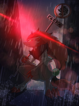 3_fingers 3_toes ambiguous_gender anthro cheek_tuft chest_tuft claws crouching ears_back facial_tuft feet finger_claws fingers fur green_eyes grey_body grey_fur hair inner_ear_fluff lens_flare long_hair looking_at_viewer low-angle_view pivoted_ears raining red_claws red_hair shadow signpost solo toe_claws toes tuft water tenebscuro nintendo pokemon zara_(tenebscuro) canid canine generation_5_pokemon mammal pokemon_(species) zoroark absurd_res hi_res shaded watermark male_(lore)