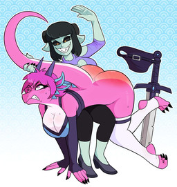 anthro breasts butt butt_slap cleavage clothed clothing defeated duo female female/female footwear hair held_by_tail high_heels melee_weapon otk over_the_knee pink_body pink_hair shoes slap spanking sword tail weapon bluedaruu mythology spyrah_the_dragoness demon dragon humanoid mythological_creature mythological_scalie scalie hi_res