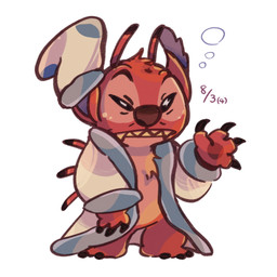 4_fingers antennae_(anatomy) anthro back_spines bathrobe bathrobe_only biped black_claws black_finger_claws chest_tuft claws clothing featureless_crotch finger_claws fingers fur gesture groggy head_tuft looking_at_viewer male multicolored_antennae narrowed_eyes pawpads red_body red_fur red_pawpads robe sharp_teeth simple_background sock_on_ear solo teeth tired tuft waving waving_at_viewer white_background mochigome_(pixiv_112967981) disney lilo_and_stitch leroy_(lilo_and_stitch) alien experiment_(lilo_and_stitch) 1:1 2025 hi_res