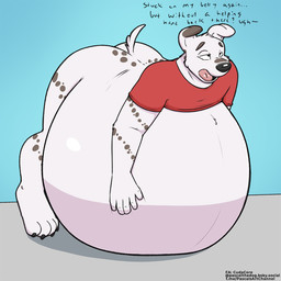 anthro belly belly_inflation big_belly bottomless butt clothed clothing huge_belly hyper hyper_belly hyper_pregnancy inflation lying male on_front pregnant pregnant_male resting_on_belly shirt swimming_pool text topwear pascal_(artist) pascal_(cudacore) canid canine canis dalmatian domestic_dog mammal 1:1 2026 english_text hi_res