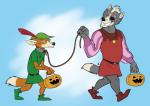 anthro clothed clothing cosplay dipstick_tail duo food fruit fully_clothed leash male markings plant pumpkin sheriff tail tail_markings amonomega disney nintendo robin_hood_(disney) star_fox fox_mccloud robin_hood sheriff_of_nottingham wolf_o'donnell canid canine canis fox mammal wolf crossover hi_res