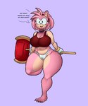 accessory amy_rose anthro big_breasts bracelet breasts camel_toe choker claws cleavage clothed clothing dialogue eulipotyphlan eyelashes female fur gloves green_eyes hair_accessory hairband hammer handwear head_tuft hedgehog hi_res holding_hammer holding_object holding_tool holding_weapon jewelry mammal navel necklace on_one_leg open_mouth open_smile panties pink_body pink_fur purple_background red_clothing red_topwear satsuki_supreme sega simple_background smile solo sonic_the_hedgehog_(series) speech_bubble standing talking_to_viewer tan_body tan_fur text thick_thighs tools topwear tuft underwear weapon white_clothing white_gloves white_handwear white_panties white_underwear wide_hipped_female wide_hips