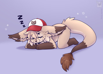 ambiguous_gender anthro black_eyebrows brown_body brown_fur brown_markings brown_nose cheek_tuft chibi clothing eyebrows eyes_closed facial_tuft freckled_face freckles fur hair hat headgear headwear lying markings nude short_hair simple_background sleeping smile solo sound_effects tail tail_tuft tuft vowelless vowelless_sound_effect zzz fleurfurr canid canine fennec_fox fox mammal true_fox colored digital_drawing_(artwork) digital_media_(artwork) hi_res shaded