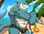 abs anthro bandage bandage_on_face bandage_on_nose beach blue_body bracelet clothing cross-body_shoulder_stretch detailed_background grin jewelry male muscular muscular_anthro muscular_male navel pattern_clothing ring_(jewelry) shoulder_scar smile solo stretching swimming_trunks swimwear darknaigart fish marine shark 2024 absurd_res hi_res