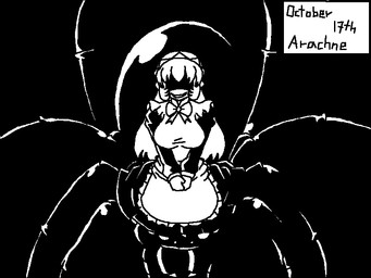 1-bit 6_legs arthropod_abdomen big_abdomen big_breasts bow_(feature) breasts clothed clothing dress female hair long_hair maid_apron maid_headdress maid_uniform mitten_hands open_mouth open_smile shadowed_eyes smile solo standing taurified text uniform marielx mariel_(marielx) arachnid arachnid_taur arthropod arthropod_taur humanoid_taur spider spider_taur taur 2025 4:3 aliasing binary_drawing black_and_white dated digital_drawing_(artwork) digital_media_(artwork) english_text monochrome portrait sketch three-quarter_portrait