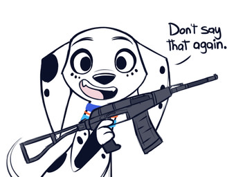 as_val assault_rifle black_nose black_spots blue_collar collar dialogue fangs female feral freckled_face freckles fur gun holding_gun holding_object holding_ranged_weapon holding_rifle holding_weapon leg_markings markings orange_collar ranged_weapon rifle simple_background socks_(marking) solo spots spotted_body spotted_fur talking_to_viewer teeth toony weapon white_background white_body white_ears white_fur higglytownhero 101_dalmatian_street 101_dalmatians disney dolly_(101_dalmatians) canid canine canis dalmatian domestic_dog mammal 2018 reaction_image