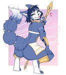anthro bedroom_eyes blue_body blue_fur blue_hair bottomwear butt clothed clothing crouching fangs feet female fingers footwear fur hair half-closed_eyes holding_melee_weapon holding_object holding_polearm holding_spear holding_weapon loincloth looking_at_viewer melee_weapon narrowed_eyes polearm sandals seductive shoes simple_background smile solo spear spread_legs spreading tail teeth toes tongue tongue_out topwear weapon vina.ink nintendo star_fox krystal_(star_fox) canid canine fox mammal digital_media_(artwork) hi_res