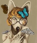 ambiguous_gender blonde_hair eyewear female female_focus fur glasses group hair solo_focus white_body white_fur unknown_artist maria_(wffl) arthropod butterfly canid canine canis domestic_dog insect lepidopteran mammal