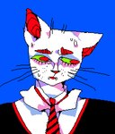 anthro blue_background bodily_fluids clothed clothing eyebrows eyelashes fangs fur green_sclera male necktie pattern_necktie red_eyebrows red_eyes red_inner_ear simple_background solo striped_necktie suit sweat sweatdrop teeth whiskers white_body white_fur suippupupu domestic_cat felid feline felis mammal 2018 aliasing colorful_theme digital_media_(artwork) low_res oekaki