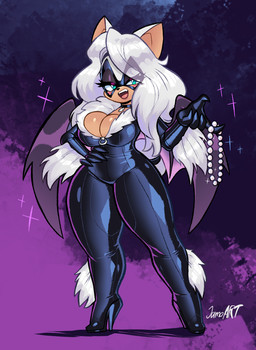 anthro big_breasts bodysuit boots breasts choker cleavage clothed clothing domino_mask eyelashes eyemask eyewear female footwear glistening glistening_breasts green_eyes hair high_heeled_boots high_heels jewelry mask membrane_(anatomy) membranous_wings necklace open_mouth shoes skinsuit solo sparkles standing tan_body teeth thick_thighs tight_clothing white_hair wide_hips wings jamoart marvel sega sonic_the_hedgehog_(series) black_cat_(marvel) rouge_the_bat bat mammal 2026 hi_res