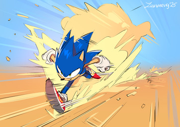 anthro black_nose blue_body blue_fur clothing footwear fur gloves handwear male quills_(anatomy) running sand shoes smile sneakers solo zummeng sega sonic_the_hedgehog_(series) sonic_the_hedgehog eulipotyphlan hedgehog mammal 2025 hi_res signature