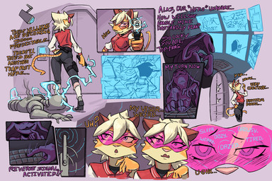 anthro biped black_clothing blonde_hair blush blush_lines bottomwear clothed clothed_anthro clothed_female clothing dialogue electroshock_weapon female female_anthro fully_clothed fully_clothed_anthro fully_clothed_female fur gun hacking hair handgun holding_gun holding_handgun holding_object holding_pistol holding_ranged_weapon holding_weapon hypnosis hypnotic_visor leggings legwear looking_at_viewer male markings mind_control open_mouth orange_body orange_fur pink_nose pistol ranged_weapon screen smile snake_hood solo standing striped_markings striped_tail stripes stun_baton tail tail_markings text topwear visor weapon yawn vonepitaph felid mammal pantherine reptile scalie snake tiger 2025 comic digital_media_(artwork) english_text hi_res