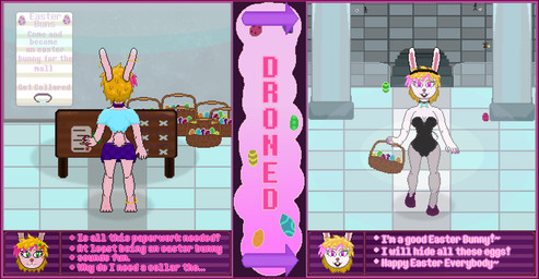 anthro before_and_after blonde_hair border brainwashing bunny_costume clothing costume drone dronification easter_egg female fur glowing glowing_eyes hair holidays mind_control pink_body pink_fur purple_border solo text_box transformation white_body white_fur milkybun29 easter milky_rivas lagomorph mammal digital_media_(artwork) hi_res pixel_(artwork) sequence