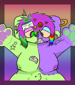 8_nipples alternative_fashion anthro areola arm_tattoo barbell_piercing belly_tuft blotchy_areola braces breasts different_sized_pupils female fur hair heterochromia multi_breast multi_nipple multicolored_body multicolored_fur multicolored_hair nipple_piercing nipples piercing popup scene_(fashion) solo sparklefur sticker supernumerary_breasts tattoo tuft magsnert lagomorph leporid mammal rabbit undead zombie absurd_res hi_res