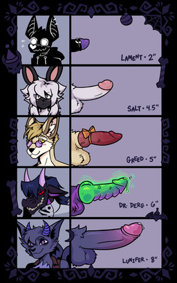 anthro chart genitals group male penis penis_chart colonel_skar mythology bat canid canine dragon fennec_fox fox lagomorph leporid mammal mythological_creature mythological_scalie rabbit scalie true_fox absurd_res hi_res
