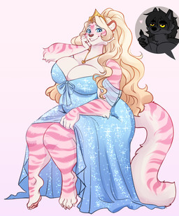 4_toes anthro big_breasts black_body black_fur black_hair blonde_hair blue_eyes breasts clothed clothing crown dress duo eyebrows feet female fingers fur gesture hair hand_gesture headgear huge_breasts jewelry long_hair male necklace pink_body pink_fur striped_body striped_fur stripes thick_thighs thumbs_up tiara toes white_body white_fur yellow_sclera tiggybloom chaos_(tiggybloom) marzipan_(tiggybloom) canid canine canis felid mammal pantherine tiger wolf 2025 hi_res
