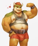 after_exercise anthro areola armpit_hair barazoku beard belly belt biceps big_bulge big_muscles bodily_fluids body_hair bottomwear bracelet bulge chest_hair claws clothing eyebrows facial_hair flexing hair hand_on_hip happy_trail heart_symbol hearts_around_head horn huge_muscles jewelry male manly musclegut muscular muscular_anthro muscular_male navel nipples non-mammal_nipples pecs shirt shorts simple_background smile solo standing sweat tank_top teeth text text_on_clothing text_on_shirt text_on_tank_top text_on_topwear thick_arms topwear white_background highpups mario_bros nintendo bowser koopa scalie 2024 absurd_res english_text hi_res