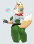 2014 acstlu anthro belt big_breasts big_butt black_nose breasts butt canid canine clothed clothing crossgender digital_media_(artwork) dipstick_tail exclamation_point eyebrows eyelashes female fox fox_mccloud fur gloves green_eyes grey_background handwear heart_symbol hi_res kerchief looking_back mammal markings mtf_crossgender multicolored_body multicolored_fur multicolored_tail nintendo simple_background smile solo star_fox tail tail_markings tan_body tan_fur tight_clothing two_tone_body two_tone_fur two_tone_tail white_body white_fur