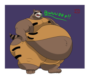 anthro belly big_belly brown_body brown_fur burping fur huge_belly male morbidly_obese obese overweight overweight_male red_eyes solo bigkingwoof guardians_of_the_galaxy marvel rocket_raccoon mammal procyonid raccoon 6:5 absurd_res hi_res