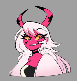 2_horns black_markings breasts choker cleavage clothed clothing coat dreamworks_smirk dress fangs female fluffy_coat hair heart_(marking) horn horn_markings jewelry long_hair markings necklace not_furry pink_body pink_eyes pink_skin smile solo strapless_clothing strapless_dress teeth topwear white_clothing white_coat white_dress white_hair white_topwear yellow_sclera higglytownhero hellaverse helluva_boss verosika_mayday demon demon_humanoid humanoid succubus 2021