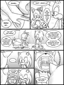 anthro duo imminent_vore male male_prey mouth_shot open_mouth outside sitting speech_bubble text uvula young young_anthro young_male malezor sega sonic_the_hedgehog_(series) miles_prower sonic_the_hedgehog canid canine eulipotyphlan fox hedgehog mammal 2017 comic english_text hi_res