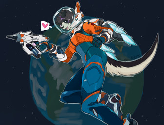anthro blue_clothing blue_legwear blush blush_lines clothing floppy_ears gun heart_symbol legwear male orange_clothing orange_shirt orange_topwear ranged_weapon shirt solo spacesuit tight_clothing topwear weapon blayztr blizzard_entertainment overwatch border_collie canid canine canis collie domestic_dog herding_dog mammal pastoral_dog sheepdog hi_res