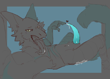 anthro blue_penis bodily_fluids clothing clothing_pull genital_fluids genitals gesture grabbing_viewer hand_gesture heart_symbol looking_at_viewer lying male on_back penis pointing pointing_at_penis precum shirt shirt_pull solo tapering_penis teeth_showing tongue tongue_out topwear topwear_pull foxyffox foxylovescoke frost_jeckals_(huf13) fenril_(spicy_flakes) hi_res watermark