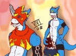 anthro balls blue_body blue_skin blush digiphilia genitals group interspecies male male/male penis fluffyvivi bandai_namco digimon davis_motomiya digimon_(species) flamedramon human mammal young_(lore)