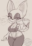 anthro athletic_wear big_breasts big_ears bodily_fluids breasts camel_toe cleavage clothed clothing dialogue emerald_(gem) female gem nipple_outline short_stack solo sweat wide_hips hashcopyrice sega sonic_the_hedgehog_(series) rouge_the_bat bat mammal absurd_res hi_res monochrome sketch