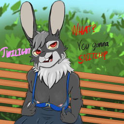 anthro bench blue_top bottomwear breasts clothing clothing_pull dewlap_(anatomy) dialogue exposed_breasts female fur grey_body grey_fur grey_hair hair nipples on_bench presenting presenting_breasts public public_exposure public_indecency red_eyes seductive sitting sitting_on_bench skirt smile solo teasing teasing_viewer yellow_sclera templar_ponyboy twilight_(templar_ponyboy) lagomorph leporid mammal rabbit 1:1 hi_res