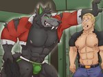 abs anthro belt black_body black_fur blonde_hair bottomwear clothed clothing detailed_background duo eye_contact fangs fur glowing glowing_eyes green_eyes hair hand_on_wall human_on_anthro imminent_sex interspecies jacket larger_anthro larger_male locker locker_room looking_at_another male male/male muscular muscular_anthro muscular_human muscular_male navel nipples open_clothing open_shirt open_topwear pants pecs pubes sharp_teeth shirt size_difference smaller_human smaller_male teeth topwear underwear big_bad_hotdog danny_phantom mythology nickelodeon dash_baxter wulf_(danny_phantom) canid canine canis ghost human mammal mythological_canine mythological_creature spirit werecanid werecanine werecreature werewolf wolf 4:3 hi_res