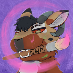 anthro black_hair brush eyebrows hair horn object_in_mouth paint paint_on_body paintbrush paintbrush_in_mouth red_eyes sharp_teeth teeth teeth_showing yellow_eyes haika bovid caprine mammal sheep 2025 absurd_res digital_media_(artwork) hi_res