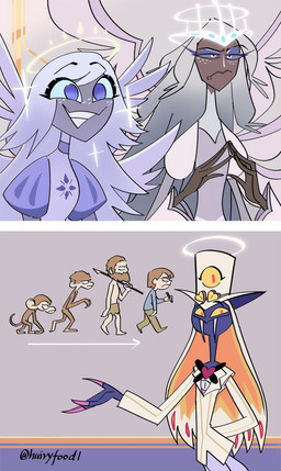 4_fingers anthro apode beard belly bottomwear brown_body brown_fur brown_hair caveman chart clothing displeased dress duo evolution evolution_chart eyelashes facial_hair fangs female fingers freckles frown fur grey_body grey_skin hair half-closed_eyes halo hat headgear headwear legless long_hair male melee_weapon narrowed_eyes noseless pants pen_(object) polearm purple_belly purple_eyes red_eyes serpentine shirt smile spear suit tail teeth toothy_grin topwear weapon white_eyes white_hair wings yellow_sclera hairyfood1 hazbin_hotel hellaverse emily_(hazbin_hotel) sera_(hazbin_hotel) sir_pentious'_hat sir_pentious_(hazbin_hotel) angel animal_humanoid draconcopode haplorhine human humanoid mammal monkey naga primate reptile reptile_humanoid scalie scalie_humanoid seraph_(angel) sinner_demon snake snake_humanoid winged_humanoid hi_res signature