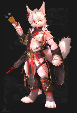 4_toes 5_fingers anthro asian_clothing athletic bell black_background blinking chinese_clothing clothed clothed_anthro clothed_male clothing crotchless_bottomwear crotchless_clothing east_asian_clothing feet fingers fulu fur gourd_bottle hair handpaw kemono male male_anthro one_eye_closed pawpads paws pink_pawpads simple_background smile smirk solo standing stirrup_footwear talisman three-quarter_view toes white_body white_fur white_hair yellow_eyes nekokaii canid canine fox mammal 3d_(artwork) digital_media_(artwork) hi_res signature
