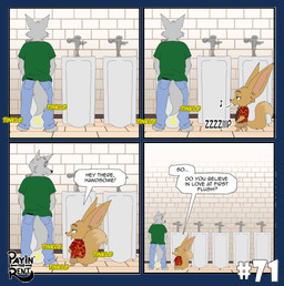 anthro bathroom bodily_fluids border clothed clothed_anthro clothed_male clothing dialogue duo fully_clothed fully_clothed_anthro fully_clothed_male genital_fluids humor looking_at_another male panel_symmetry peeing peeing_together public_restroom shirt speech_bubble standing t-shirt talking_to_another text topwear transparent_border urinal urine urine_stream ariesartist roger_(ariesartist) canid canine fennec_fox fox mammal true_fox absurd_res alpha_channel comic english_text hi_res