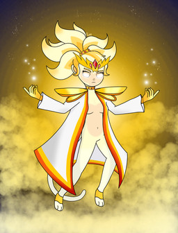 anthro blonde_hair choker cloak clothing cloud crown female flying fur gem glowing glowing_eyes hair headgear hero hovering jewelry light magic magic_user necklace night ruby_(gem) shoulder_pads solo star sunlight tiara yellow_body yellow_fur kaemone bloons_tower_defense ninja_kiwi adora_(bloons) deity haplorhine mammal monkey primate hi_res