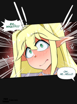 blonde_hair blush blush_lines female green_eyes hair humanoid_pointy_ears light_body light_skin long_ears long_hair offscreen_character pointy_ears solo surprised text fake_face_(artist) last_origin elven_forest_maker elf humanoid absurd_res english_text hi_res