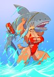 anthro beady_eyes big_breasts big_muscles black_eyes blonde_hair blue_eyes breasts brown_body brown_fur canid canine carrying_another cleavage clothed clothing conditional_dnp fangs female feral fish flotation_device frown fur grey_body grey_scales hair huge_breasts huge_muscles huge_thighs jollyjack lifeguard mammal marine muscular muscular_anthro muscular_arms muscular_female muscular_thighs mythological_canine mythological_creature mythology nipple_outline open_mouth partially_submerged rescue_tube scales scowl shark tan_body tan_fur teeth thick_thighs torn_swimwear water were werecanid werecanine werewolf