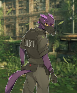 abandoned_building anthro belt belt_pouch blurred_background bus clothed clothing commercial_vehicle falling_leaves gas_mask gloves grey_clothing grey_gloves grey_handwear grey_shirt grey_topwear handwear looking_at_viewer looking_back male mask overgrown photo_background police police_uniform police_vest purple_body purple_scales scales shirt simple_background solo tactical_gear tail tail_ridge topwear uniform vehicle vest yellow_eyes darkplayers lizard reptile scalie 5:6 absurd_res digital_media_(artwork) hi_res mixed_media photography_(artwork)